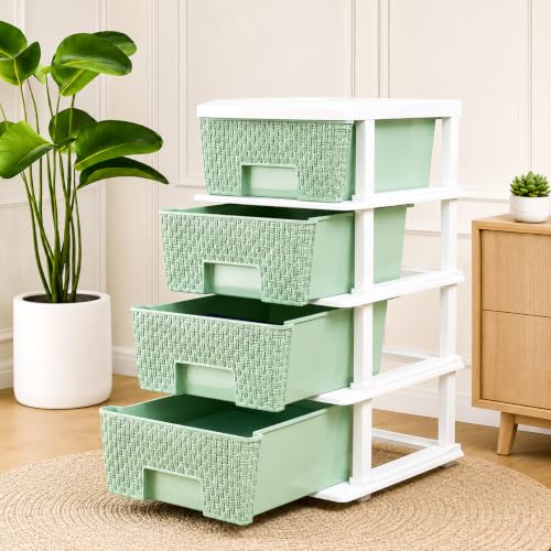 Image of KITCHIVO Plastic Modular Drawer Storage Chest Of Drawers Organizer Storage Box, Large Stomo Racks For Multipurpose Anti-slip Shoes Organizers (White & Green, 4 Layer)