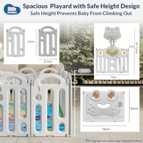 Image of Kids Station Frog Design Baby Play Yard with Playmat & 20 Colourful Balls, Safe Playpen for Infants & Toddlers, Foldable Fence, Anti-Slip Base, Indoor /Outdoor (Frog Grey, 150 x 180 cm)