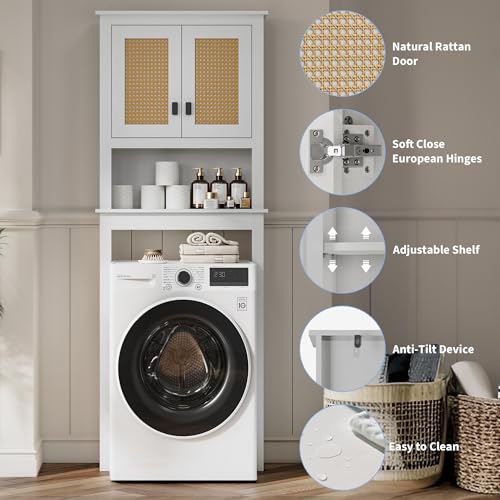 GarveeHome Over The Toilet Storage Cabinet, Farmhouse Over Toilet Bathroom Organizer with Rattan Doors, Freestanding Wood Above Toilet Storage Cabinet with Adjustable Shelf, White