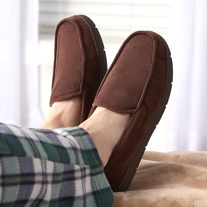 Fruit of the Loom Men’s Moccasin Slippers – Memory Foam Indoor Outdoor House Shoes, Cozy Fuzzy Footwear for Men, Dad, Husband, Christmas Gift, Non-Slip Suede Design, Brown, Large - image 2
