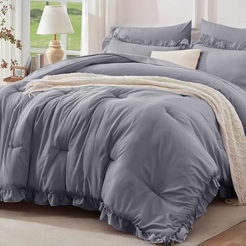 Newspin Ruffle King Comforter Set, 7 Pieces Queen Bed in a Bag Grey, Vintage Solid Shabby Chic Bed Set, Lightweight for All Season Bedding Comforter Sets with Comforter, Sheets, Pillowcases & Shams Cover