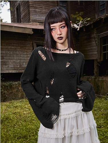 Image of URAWESO Gothic Hollow Sweater Ripped Punk Crochet Tops Distressed Gyaru Y2k Black Knit Pullover with Holes
