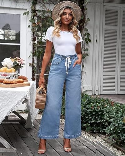 Huang's Women's Wide Leg Elastic Drawstring Denim Pants, ‌Casual Loose Fit Flared Jeans, Straight and Stretchy Trousers3