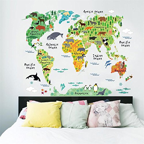 Pegatina de pared vinilo adhesivo decorativo para cuartos, dormitorio,cocina,sala de estar, puertas ...de mapa Mundo Colorido animales de OPEN BUY