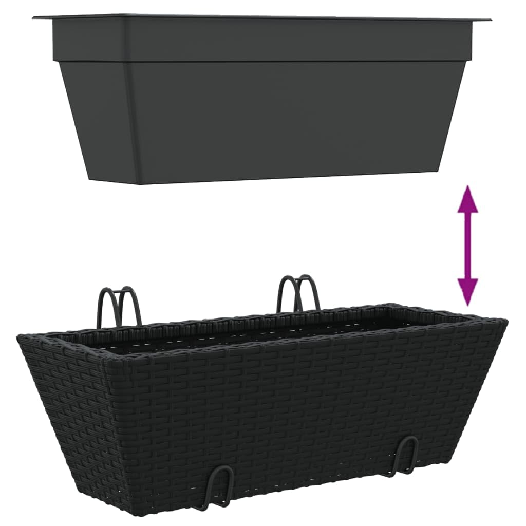 Pflanzkasten mit Haken 2 STK Schwarz Poly Rattan mit Kunststofftopf 54x22x18 cm Balkonkasten für Balkon Terrasse Garten mit Stabiler Stahlhalterung und platzsparender Aufhängung