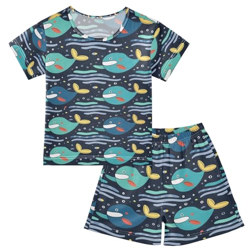 ALAZA Whale Bubble Wave Pajamas Set Short Sleeve Cotton Sleepwear Summer Pjs 2 Piece 5-14Y