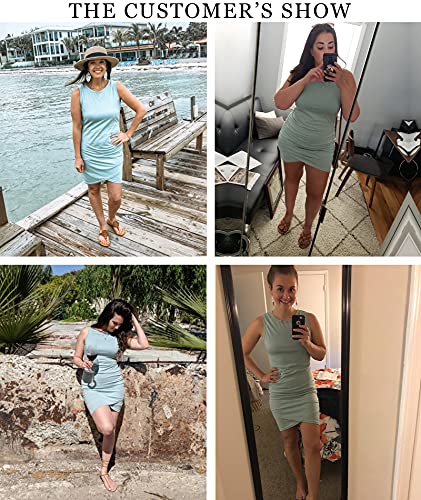 Btfbm Women 2023 Summer Sleeveless Tank Dresses Crew Neck Slim Fit Short Casual Ruched Bodycon Party Club Mini Dress(106Green, Small) #TOP2