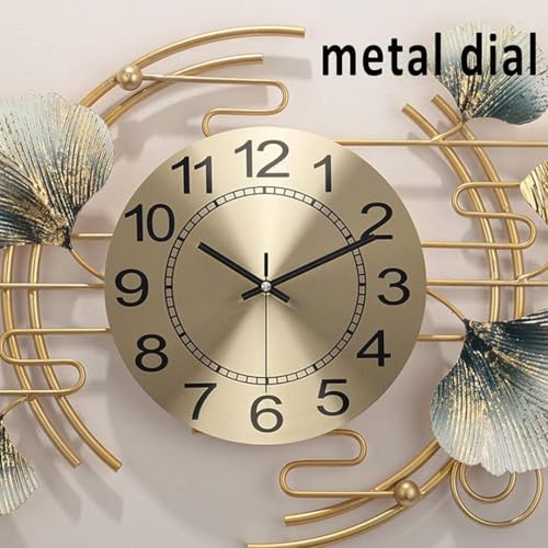 Image of FUNTEREST Large Metal Wall Clock for Living Room Decor | Luxury Golden & Blue Ginkgo Leaf Design | Modern Silent Non-Ticking Wall Watch | Premium Decorative Wall Art Clock (70 x 39 cm)