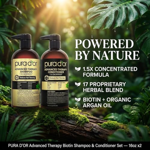 Image of PURA D'OR Advanced Therapy Biotin Shampoo & Hair Regrowth Conditioner Set For Hair Thinning, CLINICALLY TESTED Effective Thickening Results, For Women & Men, Invigorating Forest Scent, 16oz x2