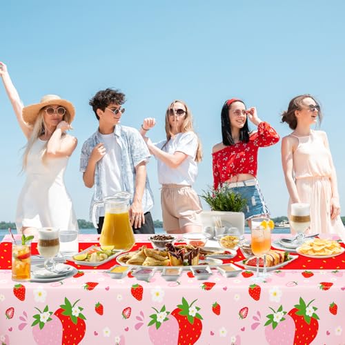 Image of WNINK 4 Pack Strawberry Tablecloths Strawberry Berry Sweet One Table Covers for Birthday Party Decoration Berry Sweet Baby Shower Party Supplies 54 inch x 108 inch