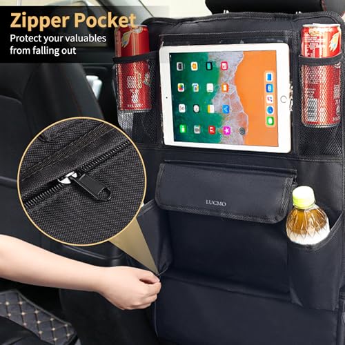 Image of LUCMO Car Backseat Organizer with Touch Screen Tablet Holder, Black | 9 Storage Pockets,Clear Tablet Holder,Protectors Kick Mats,Travel Accessories,Seat Cover,Road Trip Essentials
