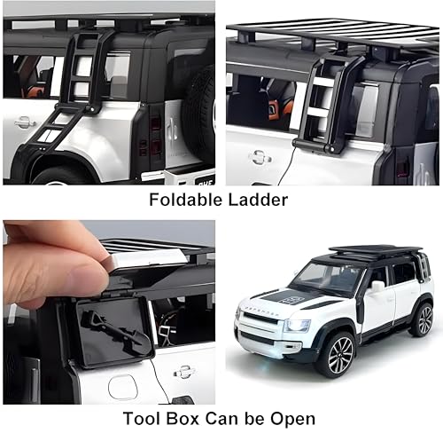 Image of 1:32 Scale Land Rover Defender Model Car - Exclusive Alloy Metal Pullback Toy with Openable Doors, Lights, and Music for Kids (Green Colour)