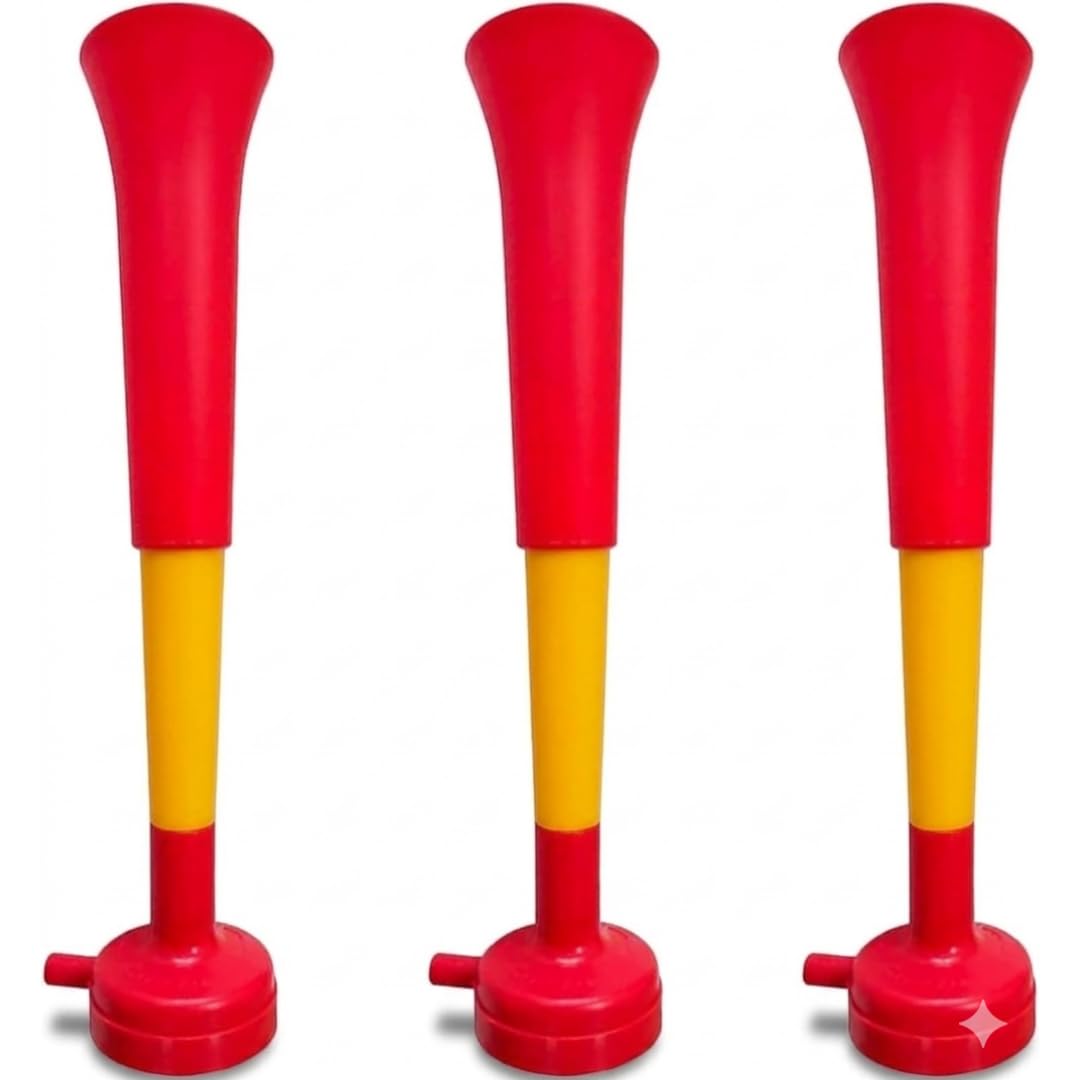 Confezione da 3 trombe in plastica Vuvuzela. Accessorio per Il Calcio e Le celebrazioni Sportive. Segnalatore Acustico per l'animazione.