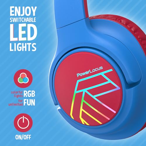 Image of PowerLocus Bobo Children's Over Ear Bluetooth Headphones, LED Lights, Foldable, Volume Limit 74 /85 /94 dB, Blue /Red