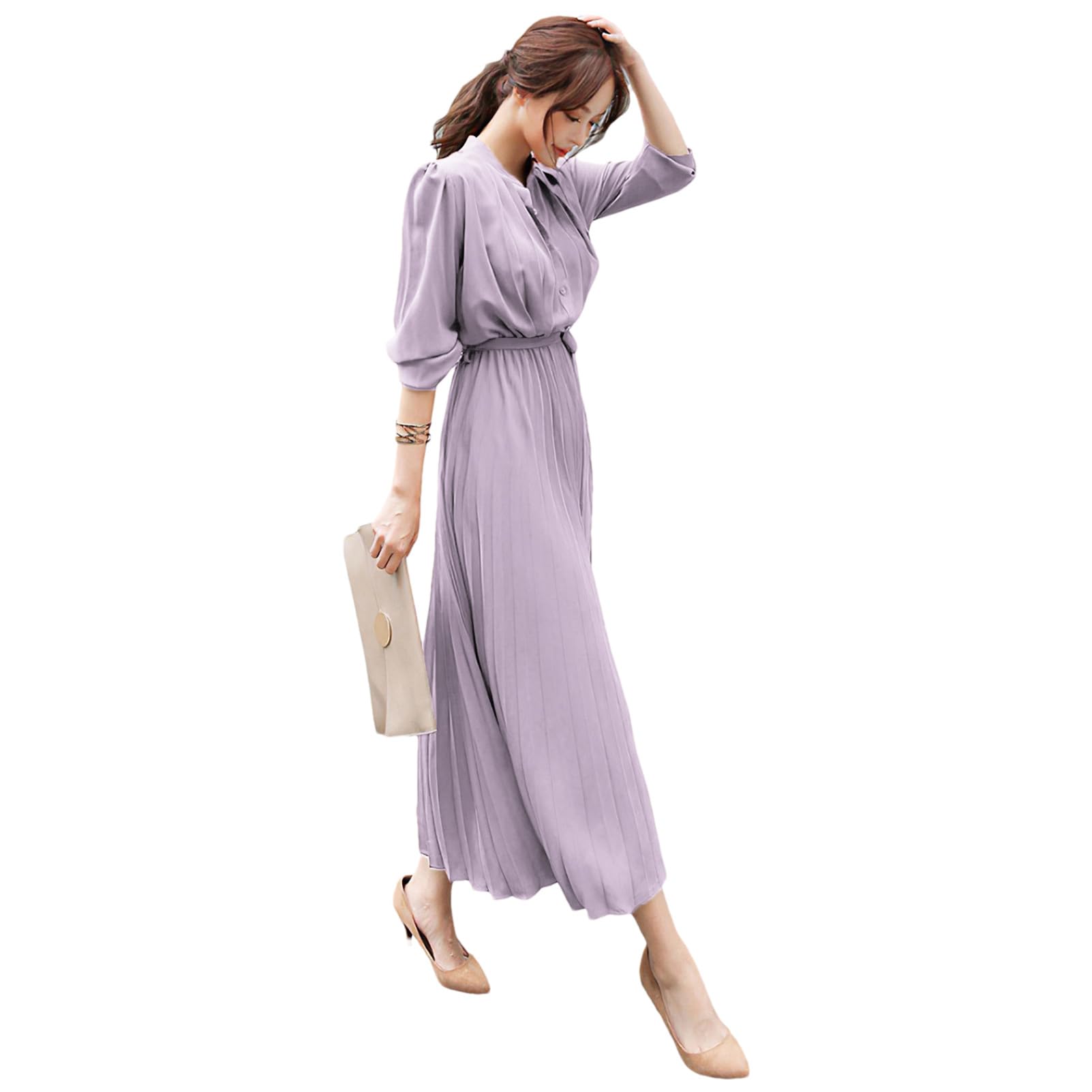amropi Womens Pleated Long Sleeve Loose Dress Casual Maxi Dresses with Tie Waist