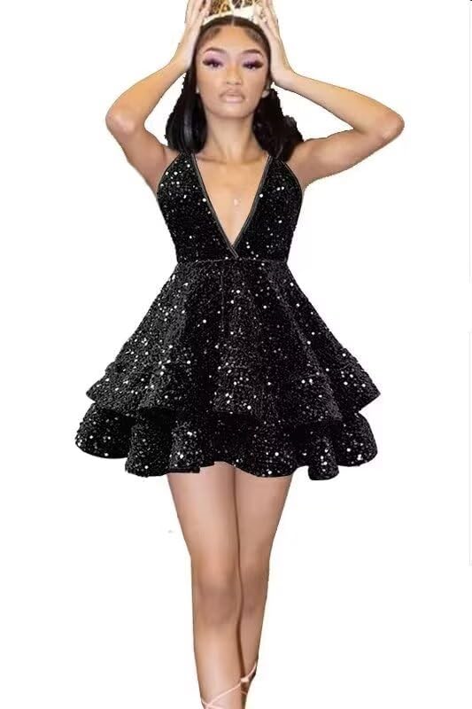 Spaghetti Strap Sparkly Sequins Homecoming Dresses for Women Short A Line Club Evening Mini Gown