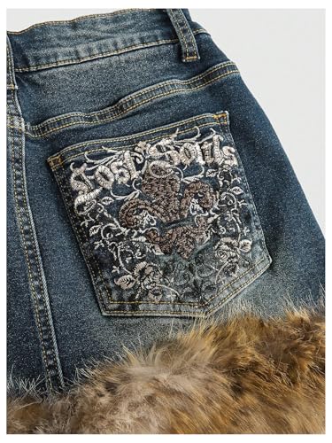 MakeMeChic Women's Mini Denim Skirt Fuzzy Zip Up Y2K Bodycon Jean Skirt with Pocket3