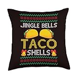 Xmas Ugly Christmas Sweater Outfits Jingle Bells Taco Shells-Saying Ugly Christmas Throw Pillow, 18x18, Multicolor
