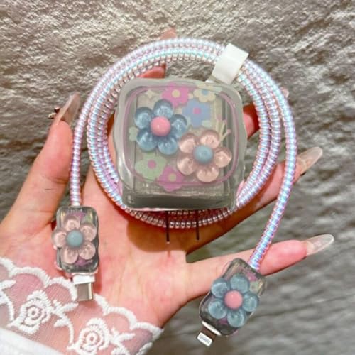 Image of Dezet for iPhone Charger 18-20W Cute Cartoon Charging Cable Protector Set for iPhone Fast Charging USB Cable with Protective Silicone Cover & Organizer Clip Stylish Design (3D-MULTI-FLOWER)