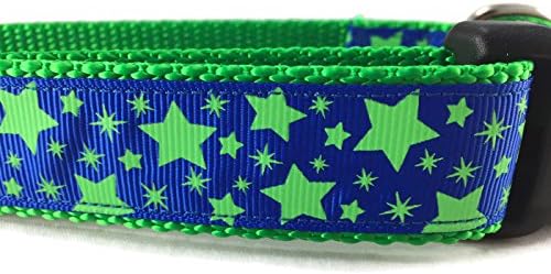 Stars Dog Collar, Caninedesign, Pink, Blue, Glow in The Dark, 1 inch Wide, Adjustable, Quick Release, Medium and Large (Blue Green,…