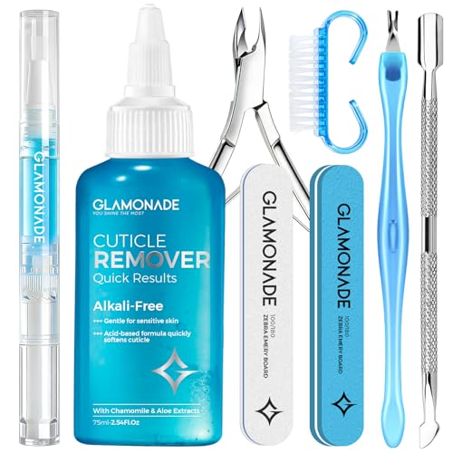Glamonade Complete Cuticle Remover Kit Fast & Gentle Professional Cuticle Care Set w/Remover Gel & Oil Pen Cuticle Nipper 2 Pushers Nail Brush File & Buffer for Manicure Pedicure DIY
