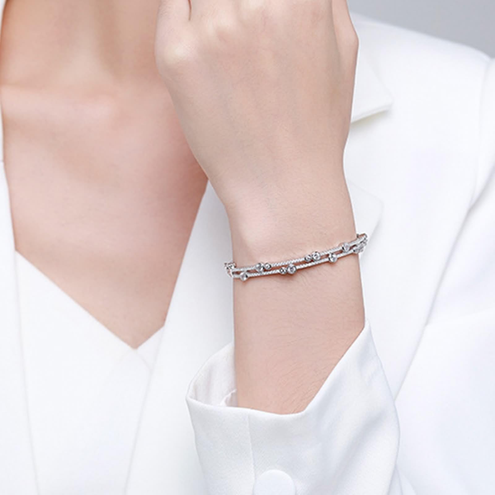 Pulseras para mujer, pulsera de doble fila brillante redonda moissanita oro blanco/platino 950