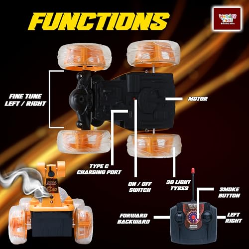 Image of Wonder Stunt Rc Car | Smoke Function and Led Lights | Abs Plastic Body | 360 Degree Spinning Wheels Rechargeable Battery Type C Charging | Remote Control Toy for Kids - Yellow