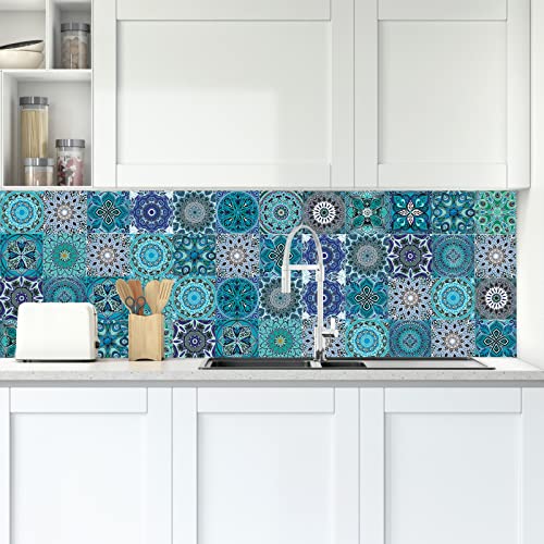 ANHUIB 18 Stück Bunt Fliesenaufkleber,Mosaik Küche Wandaufkleber,DIY Marokkanischer Fliesenfolie für Badezimmer,Wandfliese Aufkleber Fliesensticker,Wasserdicht Selbstklebende Treppenaufkleber,15×15CM