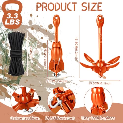 Image of MorningRo 1 Pack 1.5 /3.5 lb Marine Kayak Anchor Kit with 40ft Rope and Buoy Folding Grapnel Boat Anchor Kit Kayak Fishing Accessories for Small Boats, Canoe, SUP Paddle Boards