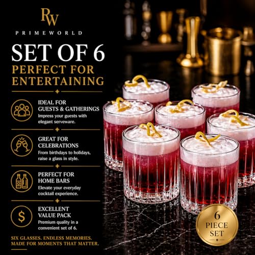 Image of PrimeWorld Newyork Eropean Crystal Whiskey Glasses Set of 6 pcs- 300 ml Bar Glass for Drinking Bourbon, Whisky, Scotch, Cocktails, Cognac- Old Fashioned Cocktail Tumblers