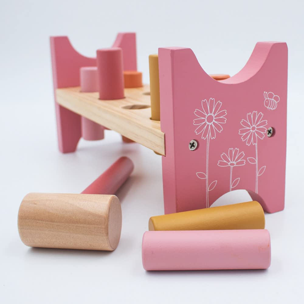 jumini Banc marteau en bois avec marteau en bois et 8 piquets en bois - Excellent cadeau pour bébé de 12 mois, 1, 2, 3 et 4 ans - Couleurs pastel rétro (fleur rose)
