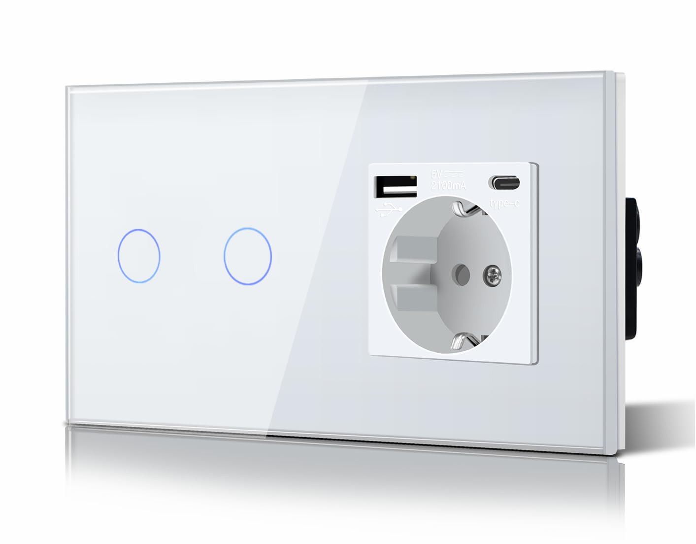 BSEED Touch Lichtschalter mit Steckdose USB C aus Glas, Modern Steckdosen Unterputz, Wandschalter mit LED Hinterlicht (Kein Neutralleiter erforderlich), Kein WLAN, 157mm 2 Fach 1 Weg Weiß