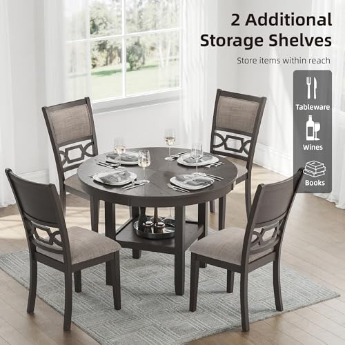 Image of Signature Design by Ashley Wrenning 5-Piece Transitional Dining Table with Chairs Set, 42 inch Square Table with Shelf, Upholstered Fretwork Chairs, Light Gray