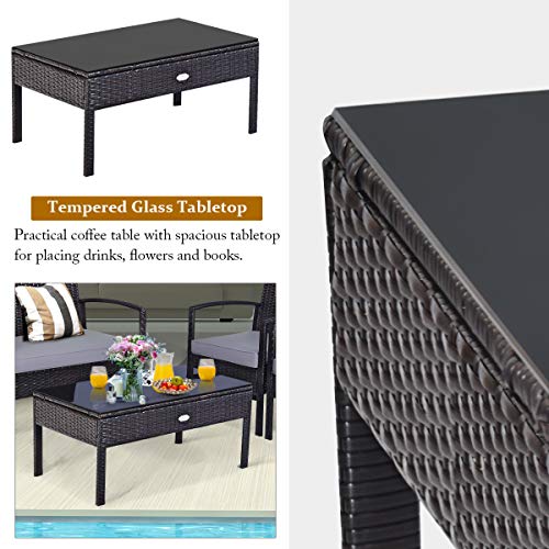 Image of Carry Bird 4 Piece PE Wicker Rattan Outdoor Furniture | 4 Seater Balcony Sofa With Tea Table | Set of 2+1+1 Outdoor Patio Chairs with Coffee Table | Sofa Sets & Center Table for Home & Garden | 3 Piece Patio Stools with Table | Indoor Patio Furniture Set Space Saving | Rattan Chair | Patio Set | Wicker Conversation Set | Poolside Lawn Arm Chairs Set For Balcony & Terrace | Balcony Table chair Set | Hotel Patio Seating Chair & Table Set with Glass | Brown Sofa Gray Cushion