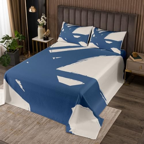 Stripes Quilted Coverlet Blue Brown Bedspread for Kids Boys Girls Teens Room Decor Abstract Coverlet Set Twin Size Geometry 2Pcs Breathable Soft Lightweight Microfiber