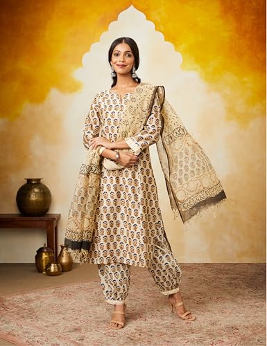 Image of Amazon Brand - Myx Women Silk Chanderi Handblock Printed Authentic Kurta Set with Dupatta (Bagru Print) (Available in Plus Sizes)