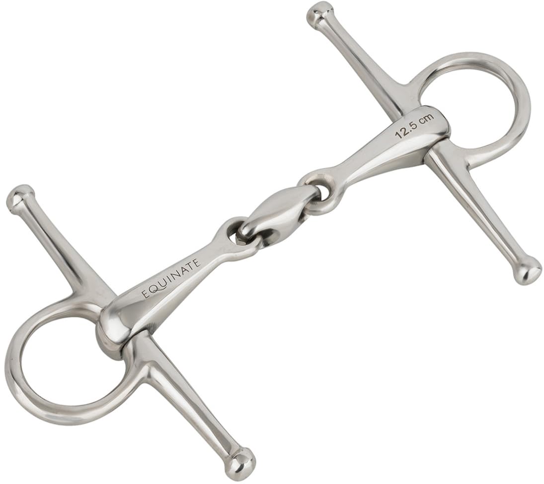Equinate Schenkeltrense Edelstahl 16mm doppelt gebrochen | Anatomisch geformtes maulfreundliches Gebiss mit sanfter Einwirkung | Lasergravierte Größenangabe | Knebeltrense