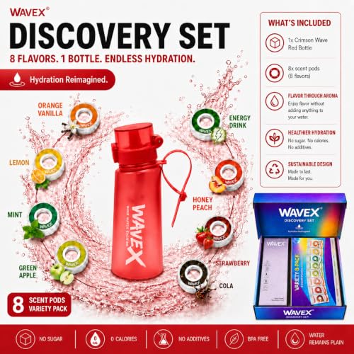 Image of Wavex Scented Water Bottle + 8 Aroma Scent Pods (Cola, Strawberry, Honey Peach, Energy Drink, Green Apple, Mint, Lemon, Orange Vanilla), Flip Top Lid, Straw & Carry Strap Included (Crimson Wave Red)