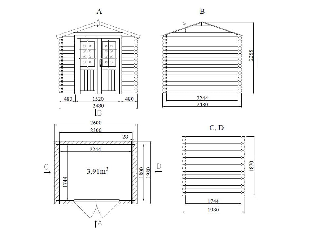 Gartenhaus | Gerätehaus | Holz Blockbohlenhaus CA2870 | Wandstärke: 28 mm | naturbelassenes Holz | BTH 260 x 198 x 225 cm | Doppelflügeltür | Satteldach