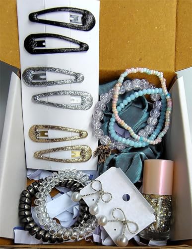 Image of ASPIRE-T Stylish Hamper For Gifting & Personal Use Accessories Scrunchies, Giltter Hair pins (set of 3), Spring Rubber Band, Bow Earrings, Nail Polish, Hand Braclates (set of 3) With Box