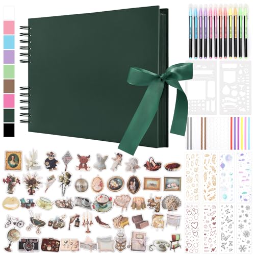 DazSpirit 80 Páginas Album Fotos para Pegar y Escribir, DIY Album de Fotos de Tapa Dura, Scrapbook con 12 Rotuladores y Adhesivos, Regalo para Aniversario, Cumpleaños, Amigos, Bebé, Verde oscuro