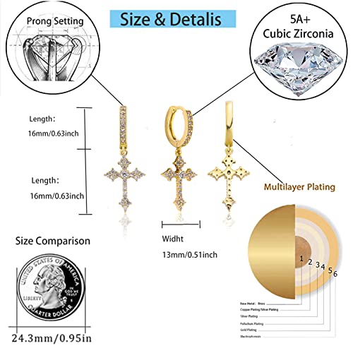 JINAO Cross Hoop Dangle Earrings 14K Gold Plated 5A+ Cubic Zirconia Cartilage Hypoallergenic Sterling Silver Cross Dangle Drop Earrings For Men Women2