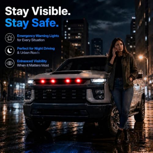 Image of Car Front Grill Set of 4 Pcs Universal Smoked Shell Style DRL Emergency Warning Off-Roading Lights (4 X 4) for All Cars, Vans, SUV, Trucks (Red)