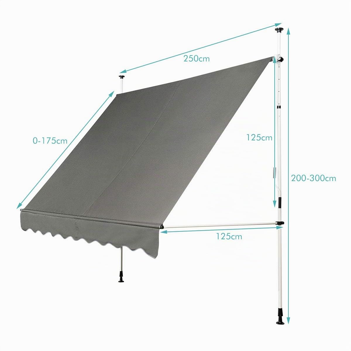 RELAX4LIFE Store Banne Manuel sans Perçage, Auvent Balcon Rétractable avec Manivelle, Tissu Oxford Anti-UV Imperméable, Hauteur Réglable 2-3 M, Store Banne pour Porte Fenêtre (Gris, 250 X 125 cm)