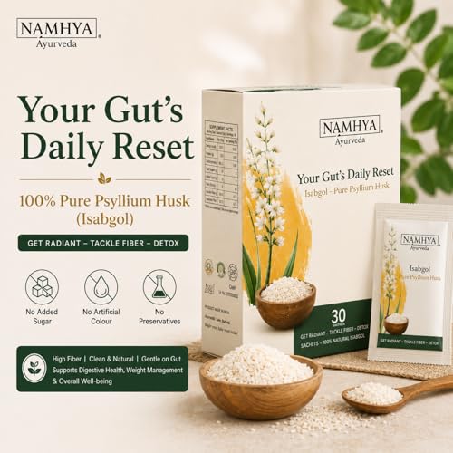 Image of Namhya Isabgol Powder for Gut Cleanse| Psyllium Husk Fiber for Constipation Relief, Digestion, Bowel Movement & Colon Cleanse | Natural Isabgol for Detox, Weight Management | 30 Sachets 4g each