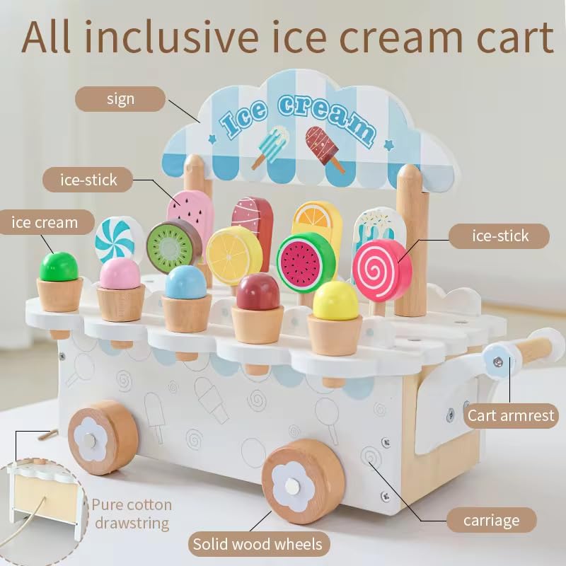 Image of Pink Wooden All in One Ice Cream Cart | Montessori Activity Toy for Kids | Pretend Play Ice Cream Set | Early Learning Educational Toy | Multicolor | 3+ Years