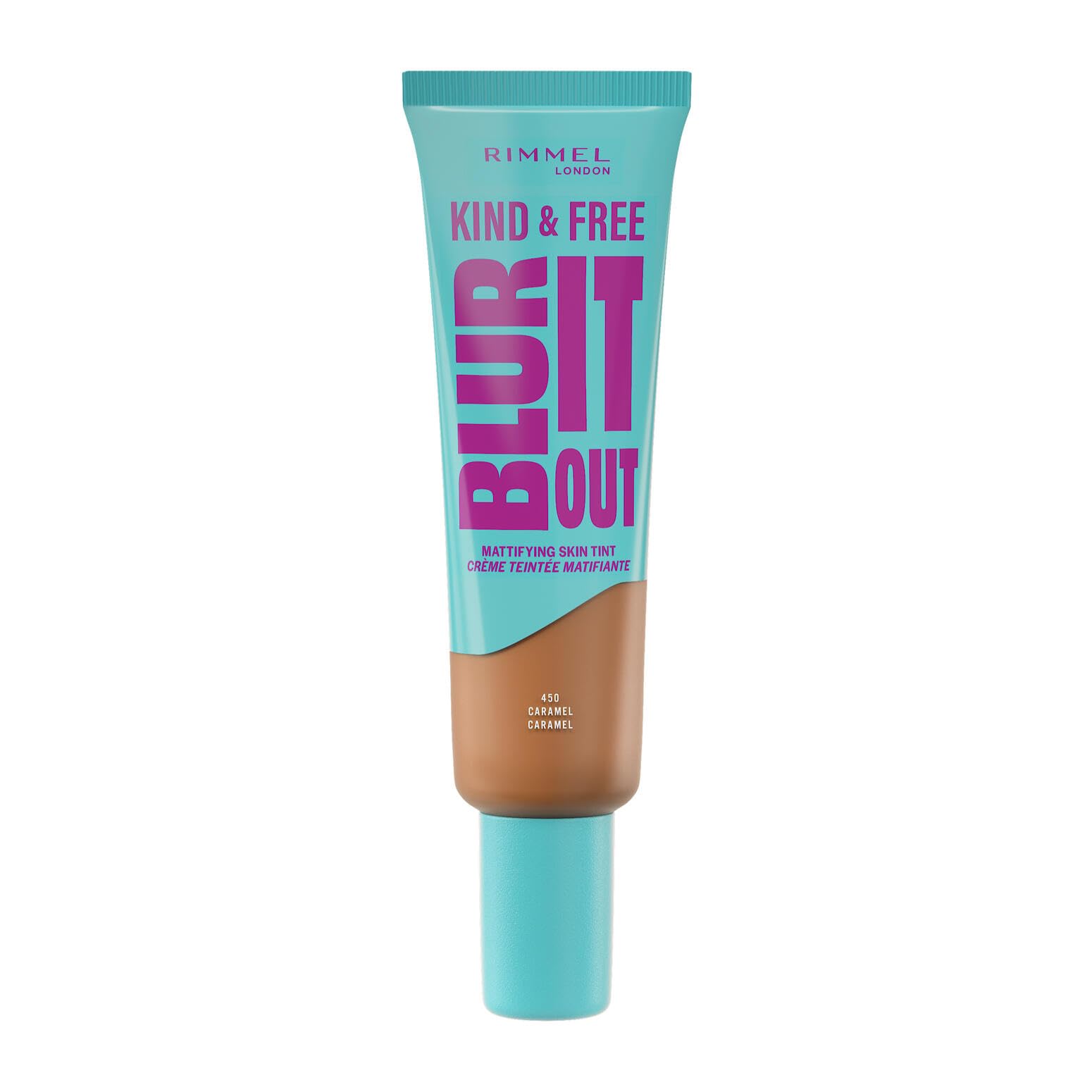 Rimmel Kind & Free, Blur It Out Mattifying Skin Tint, 450 Caramel, Lightweight Matte Finish, Minimises Pores, Infused with Cica Complex and Vitamin E, SPF 20, All-Day Shine Control, 30ml