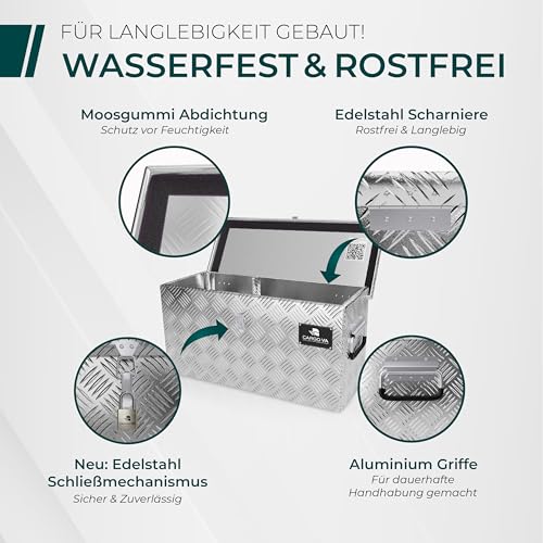 CargoVA - Wasserfeste Deichselbox - Mit Befestigung & Vorhängeschloss - Abschließbare Anhängerbox [50x17x20CM] - Transportbox