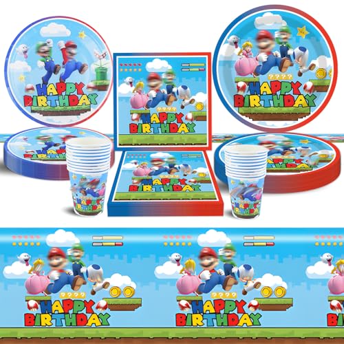 51 peças conjunto de louça de festa Super Bro, conjunto de decoração de aniversário, decoração de festa de desenhos animados com pratos de papel, copos e guardanapos para meninos e meninas