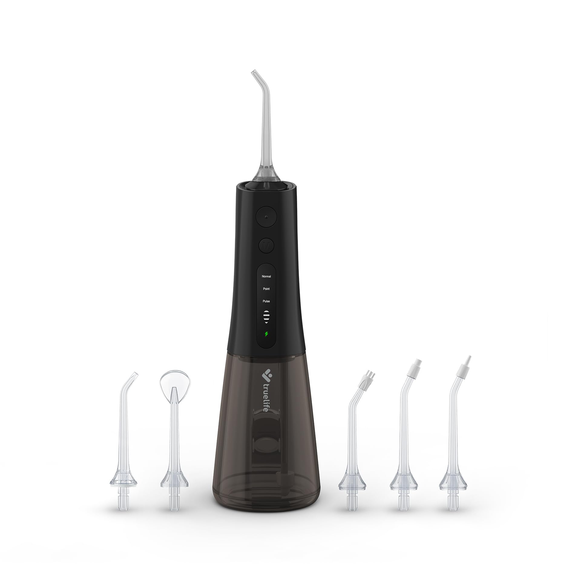 TrueLife AquaFloss Compact L100 Munddusche kabellos, tragbar, 300ml Tank, 3 Modi, 2 Druckstufen, IPX7, USB, 6 Düsen im Paket Zahnzwischenraum-Reinigung, Zahnspange/Implantate (Schwarz)